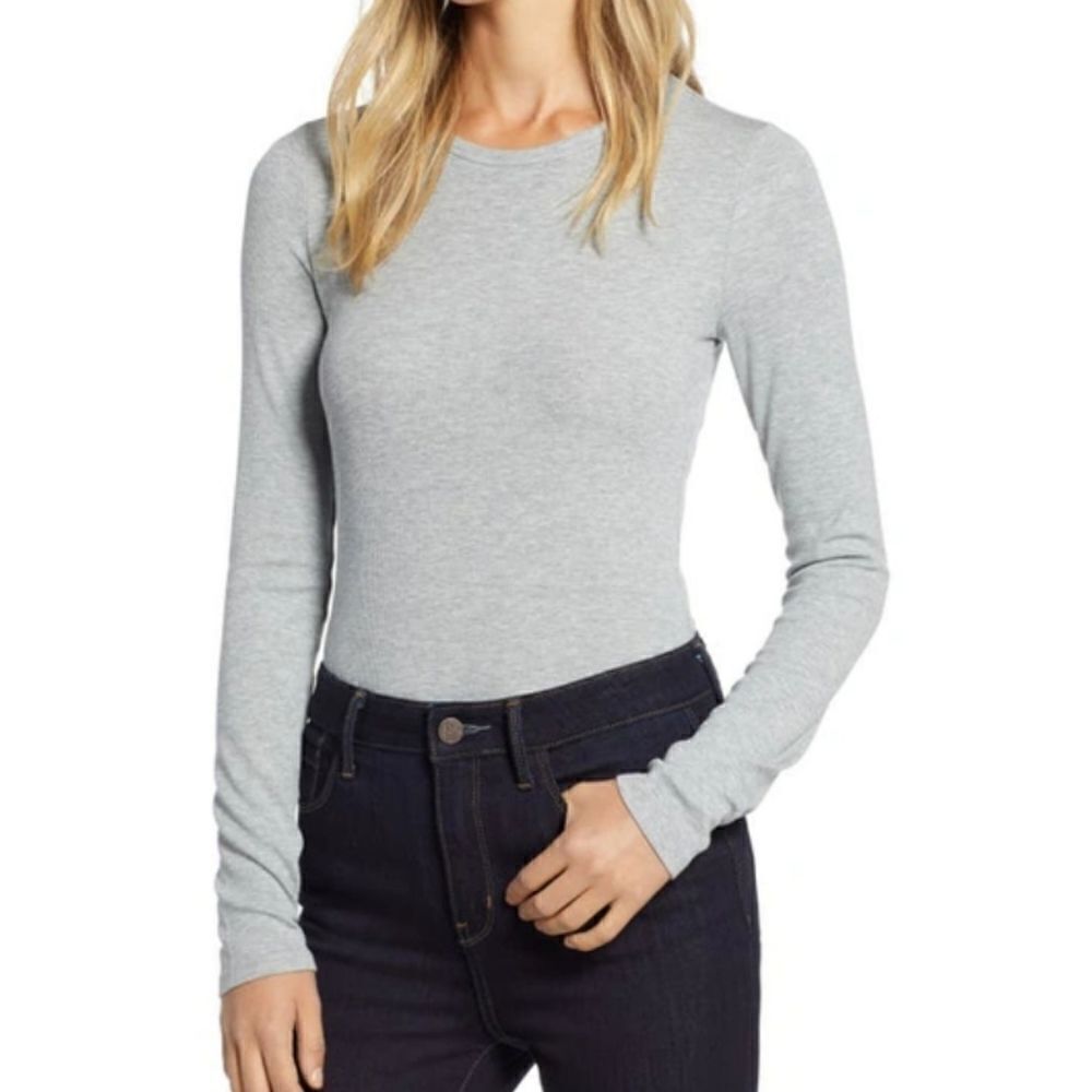 New Halogen Skivvy Fine Rib Crewneck Grey Heather Long Sleeve Knit Top Size XS